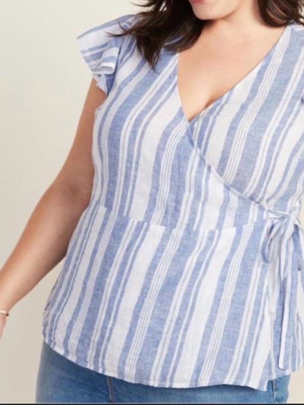 Old Navy Blue and White Striped Wrap-Front Blouse